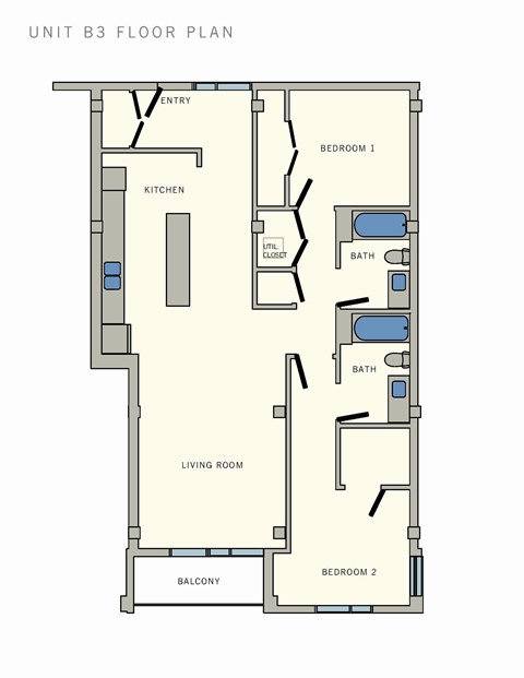 Floor plan for 2 beds, 2 baths, 1084 sqft